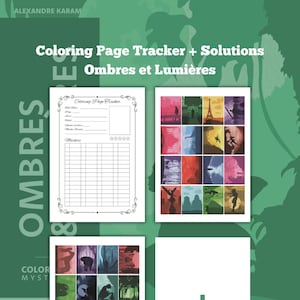 Puede incluir: Una colección de páginas para colorear y un rastreador titulado "Coloring Page Tracker + Solutions Ombres et Lumières". Las páginas presentan varias ilustraciones, incluyendo paisajes urbanos y siluetas. El rastreador incluye secciones para el nombre del libro, la fecha de inicio y marcadores.