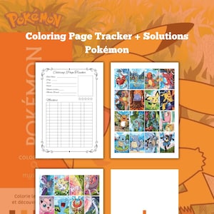 Könnte beinhalten: Ein Pokémon Malvorlagen-Tracker und Lösungsleitfaden. Das Cover ist orange mit dem Pokémon-Logo und Text. Im Inneren befinden sich Seiten mit Malvorlagen, einem Tracker und einem Pluszeichen.