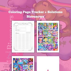 Puede incluir: Un libro para colorear rosa y blanco con el texto "Coloring Page Tracker + Solutions Bisounours". El libro incluye un rastreador, páginas para colorear y un signo más sobre un fondo blanco. El fondo presenta un oso de dibujos animados.
