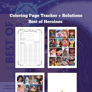 Könnte beinhalten: Ein druckbarer Malblatt-Tracker und Lösungen für Disneys Best of Heroines. Der Tracker enthält eine Checkliste für Malblätter und einen Bereich zur Bewertung von Markern. Die Lösungsseite zeigt ein Raster mit 16 Bildern von Disney-Heldinnen.