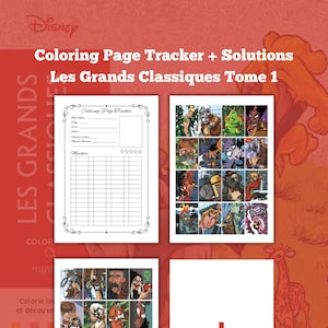 May include: A colouring book page tracker and solutions for Disney's classic animated films. The tracker has a grid for marking completed pages and a section for listing markers used. The solutions section features a grid of images from the films.