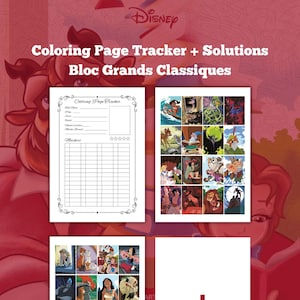 May include: A coloring book tracker and solutions for Disney classic movies. The tracker has a grid for marking off completed pages. The solutions show a grid of images from the movies, each with a number. Color the numbers to reveal the image.