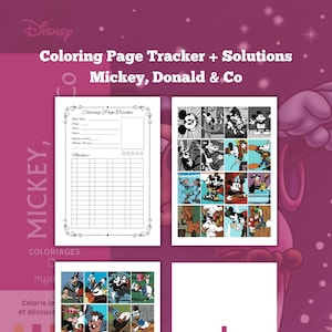 May include: A pink and white Disney-themed coloring book with the title "Coloring Page Tracker + Solutions Mickey, Donald & Co." The book features images of Mickey Mouse, Donald Duck, and other Disney characters. Includes a coloring page tracker and solutions.
