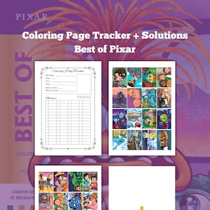 May include: A printable coloring page tracker and solutions for Pixar fans. The tracker includes a checklist for each coloring page and a space to track the markers used. The solutions sheet shows the completed coloring pages.