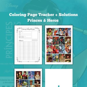 Könnte beinhalten: Ein druckbarer Malblatt-Tracker und Lösungen für Disney-Prinzen und -Helden. Der Tracker enthält eine Checkliste für Malblätter und einen Bereich zur Bewertung der verwendeten Marker. Die Lösungsseite zeigt ein Raster mit 16 verschiedenen Disney-Prinzen und -Helden.