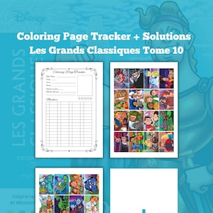 May include: A colouring book page tracker and solutions for Disney's classic animated films. The tracker includes a grid for marking completed pages and a section for notes. The solutions section features a grid of 24 images from the films.