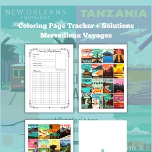 May include: A collection of travel-themed coloring pages and solutions. The pages feature destinations like Japan, Tanzania, and Venice. The text includes "Coloring Page Tracker + Solutions" and "Merveilleux Voyages."