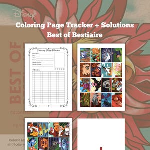 Könnte beinhalten: Ein Disney-Malbuch mit dem Titel "Coloring Page Tracker + Solutions Best of Bestiaire". Das Bild zeigt eine Tracker-Seite, eine Seite mit Charakterillustrationen und eine Seite mit einem roten Pluszeichen.