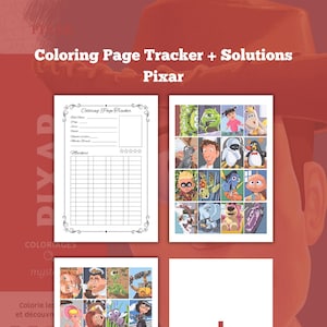 Op de afbeelding: Een kleurplaat-tracker en oplossingen voor Pixar-films. De tracker heeft een raster om voltooide pagina's af te vinken en een sectie om gebruikte stiften te noteren. De oplossingspagina toont een raster met 16 afbeeldingen van personages uit Pixar-films.