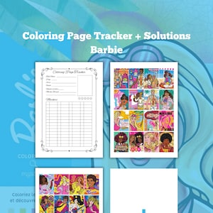 May include: A set of Barbie-themed colouring pages and a tracker. The pages feature various Barbie illustrations, including images with the text "Malibu Vibes" and "Summer Dreams". The title "Coloring Page Tracker + Solutions Barbie" is at the top.