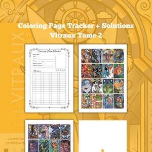 以下が含まれることがあります： 黄色い背景に「Coloring Page Tracker + Solutions Vitraux Tome 2」というタイトルのディズニーぬりえ本。この本には、トラッカーページ、カラフルなイラストのページ、プラス記号のページがあります。「VITRAUX」という文字が見えます。