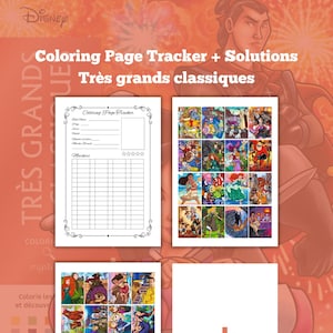 Op de afbeelding: Een Disney kleurboek met de tekst "Coloring Page Tracker + Solutions" en "Très grands classiques." Het boek bevat pagina's met Disney-personages en een tracker voor kleurvoortgang.