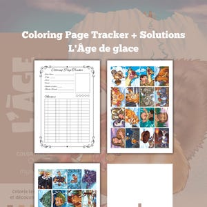 May include: A coloring book page tracker and solutions for Ice Age. The tracker has a section for the book title, date, number of pages, number of colors, and a grid for marking completed pages. The solutions section shows a grid of 20 images from the Ice Age movie.