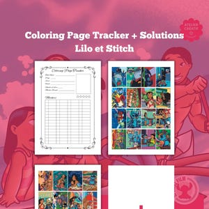 May include: A pink and white coloring book with the title "Coloring Page Tracker + Solutions Lilo et Stitch". The book includes a tracker page, coloring pages, and a plus sign on a white background.