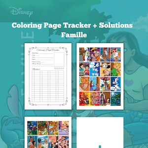 Pode incluir: Um rastreador de páginas para colorir imprimível e soluções para famílias. O rastreador inclui uma seção para registrar a data, o número da página, o número de cores usadas e um sistema de classificação. As soluções são um conjunto de 24 páginas para colorir com personagens da Disney.