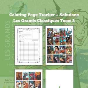 以下が含まれることがあります： 緑色の背景に「Coloring Page Tracker + Solutions Les Grands Classiques Tome 2」というタイトルの本。 この本には、塗り絵ページのトラッカー、キャラクターイラストのページ、プラス記号のページがあります。
