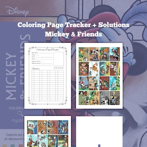 May include: A Disney coloring book titled "Coloring Page Tracker + Solutions Mickey & Friends." The cover features Mickey Mouse and includes pages with coloring pages, a tracker, and the text "Colorie les et découvre."