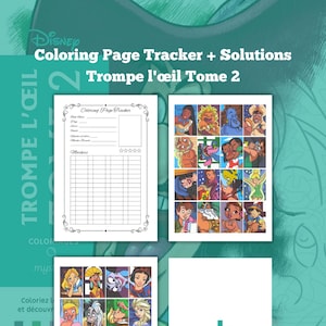 Op de afbeelding: Een Disney kleurboek met een pagina tracker en oplossingen voor een reeks optische illusies. Het boek is getiteld "Trompe l'œil Tome 2".