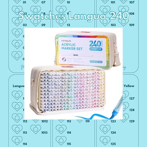 Può includere: Una custodia beige contenente un set di 240 pennarelli acrilici a punta morbida. La custodia è etichettata "Languo Acrylic Marker Set" e include una tabella colori. L'immagine mostra anche campioni di colore e un pennarello che disegna una linea blu.