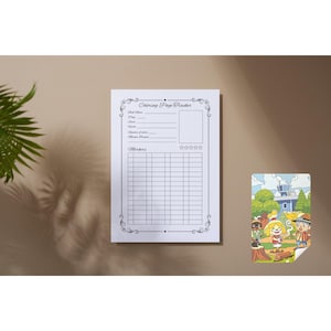 May include: A white coloring page tracker with decorative flourishes and the text "Coloring Page Tracker." The tracker includes sections for book name, page, and markers. A small, colorful illustration of cartoon characters is also present.