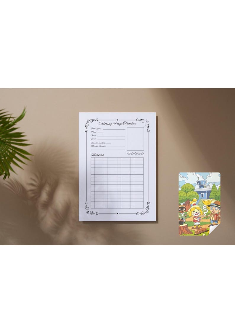 May include: A white coloring page tracker with decorative flourishes and the text "Coloring Page Tracker." The tracker includes sections for book name, page, and markers. A small, colorful illustration of cartoon characters is also present.