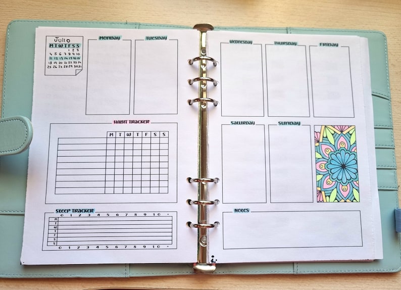 May include: A weekly planner with a calendar, habit tracker, step tracker, and notes section. The planner has a colorful mandala design on the right side.