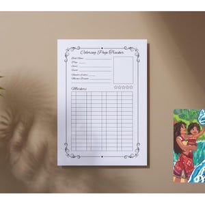 May include: A white Coloring Page Tracker sheet with a decorative border and the title "Coloring Page Tracker". The sheet includes sections for book name, page, sheet, guest, number of colors, and marker details. A small, colorful illustration is in the lower right corner.