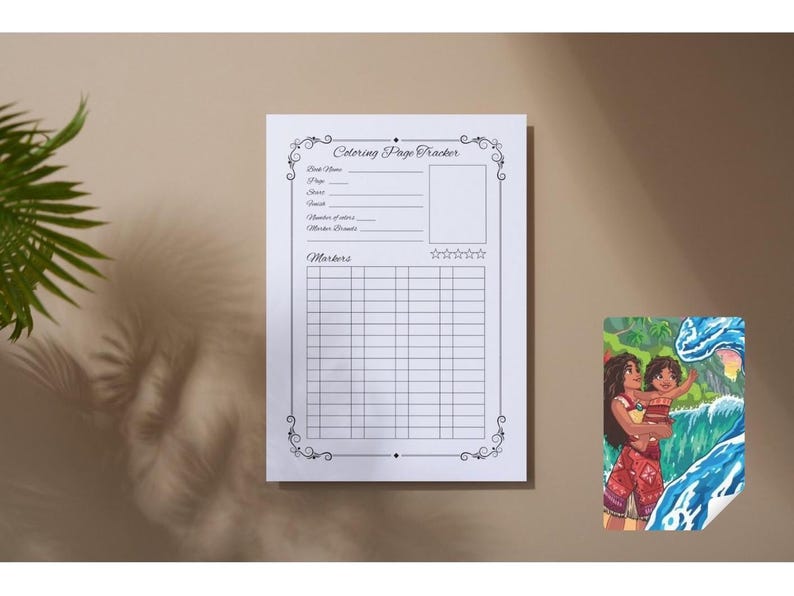 May include: A white Coloring Page Tracker sheet with a decorative border and the title "Coloring Page Tracker". The sheet includes sections for book name, page, sheet, guest, number of colors, and marker details. A small, colorful illustration is in the lower right corner.