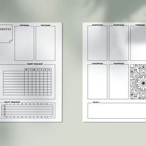 May include: A black and white printable planner page with sections for daily to-do lists, habit tracking, sleep tracking, and notes. The page also includes a mandala design for coloring.