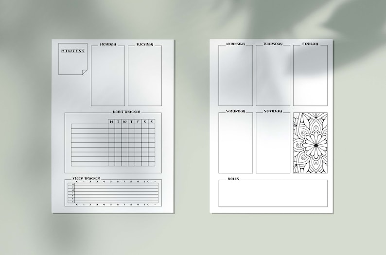 May include: A black and white printable planner page with sections for daily to-do lists, habit tracking, sleep tracking, and notes. The page also includes a mandala design for coloring.