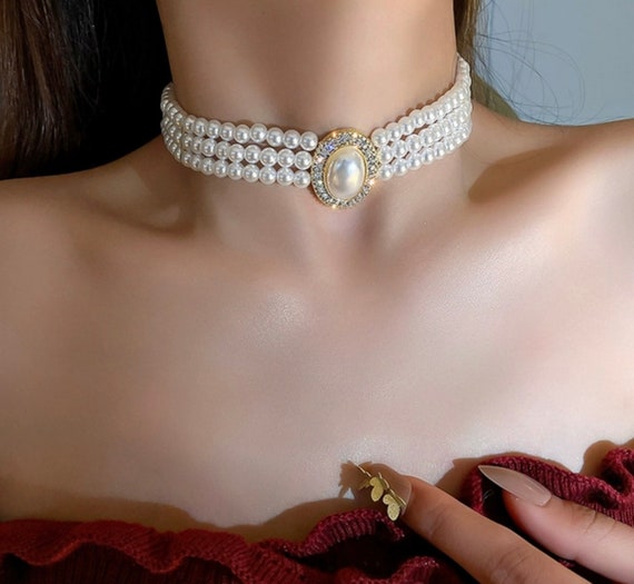 Three Row Oval Pendant Pearl Necklace Choker Jewelry Etsy