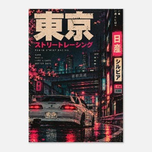 May include: A poster featuring a white sports car on a wet city street at night. The text reads Tokyo Street Racing, Cars, Neon, Late Nights, Better Days, and Japanese characters. The scene includes glowing red neon signs, a dark urban overpass, and reflections on the ground, creating a high-contrast aesthetic with deep shadows and vibrant light.