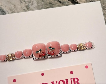 Cherry French Tip Press On Toe Nails: Polka Dot Gel False Nails