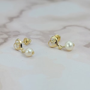 14K Gold Open Heart and Pearl Dangle Earrings