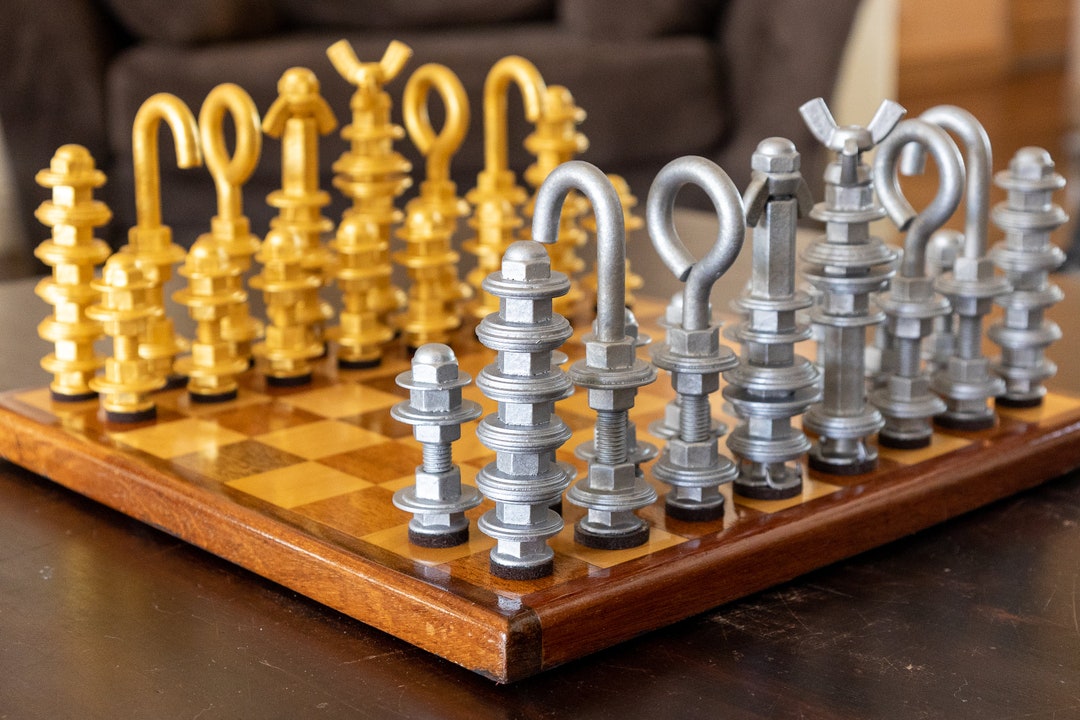 Stunning Handmade Metal Nut and Bolt Chess Set With Custom Reclaimed