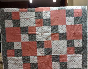 Pink Gray Grey Quilt Lightweight Summer Quilt Floral Geometric Home Decor Accent Handmade Patchwork Quilt Baby Toddler Crib Crawl Quilt