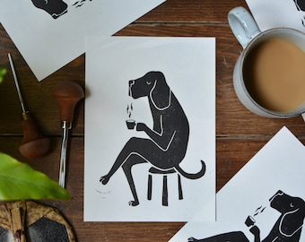 Linocut "dog & bean - senior" Linoprint