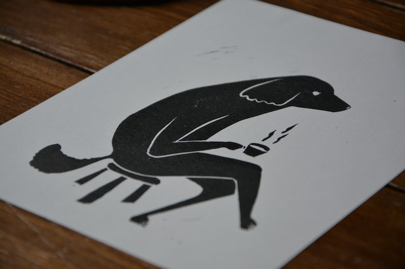 May include: Black and white illustration of a dog sitting on a stool and holding a cup of coffee. The dog has a curly tail and is wearing a simple expression.