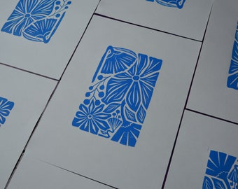 Linocut "blue flowers" A4 lino print