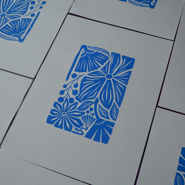 Linocut "blue flowers" A4 lino print