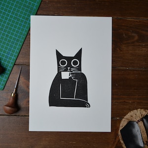 Linocut &quot;Coffee Cat&quot; Linoprint