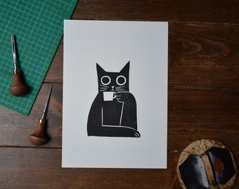 Linocut &quot;Coffee Cat&quot; Linoprint
