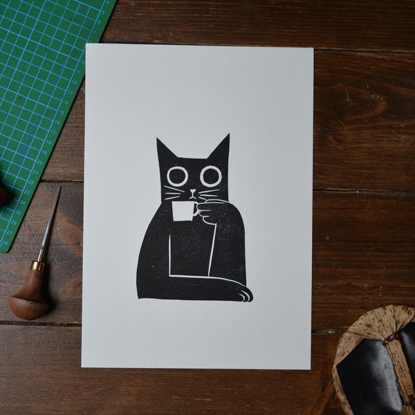 Linocut "Coffee Cat" lino print