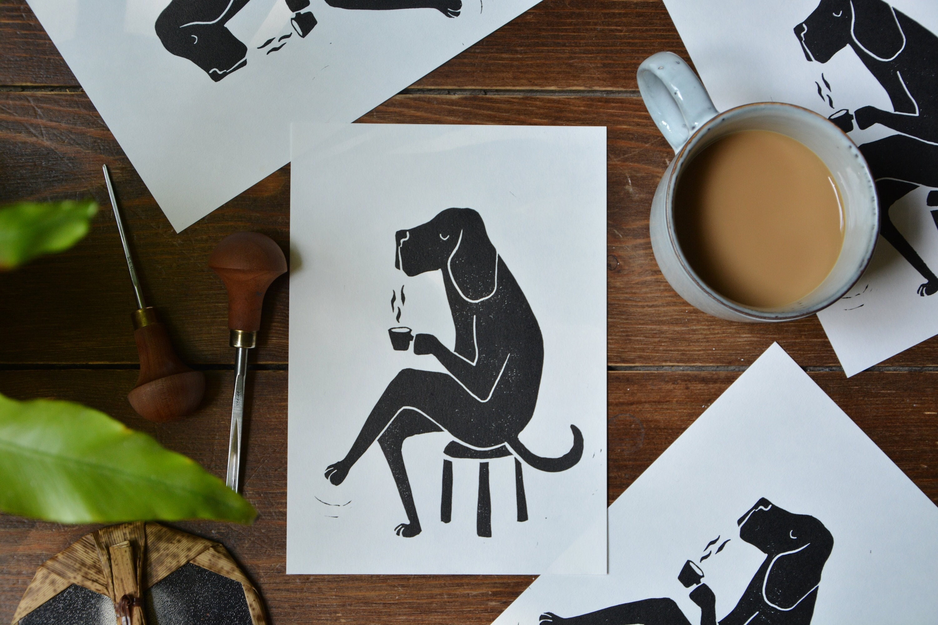 Linocut "dog & bean - senior" Linoprint