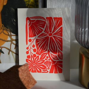 linocut "red flowers" linoprint, A5, pure white paper