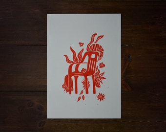 Linograbado "Silla de plástico con flores" (Din A4)
