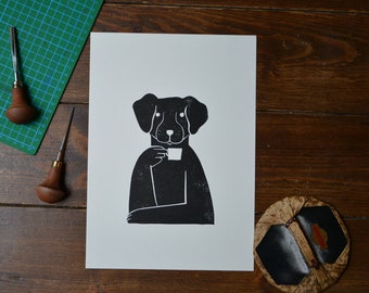 Linocut "Coffee Dog" lino print
