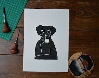 Linocut &quot;Coffee Dog&quot; Linoprint