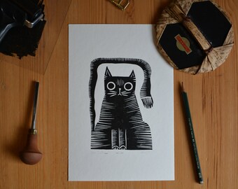 Linocut "striped cat" linoprint