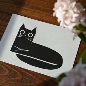 Linocut flat cat linoprint image 1